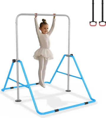 Produktbild von TRMLBE Reckstange Outdoor Kinder Gymnastikstange Höhenverstellbar Turnstange mit 2 Turnringe, Faltbarer Turnreck für Indoor Garten Turnen, Blau