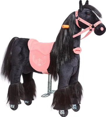 A black plush toy horse with a pink saddle and bridle, on wheels.