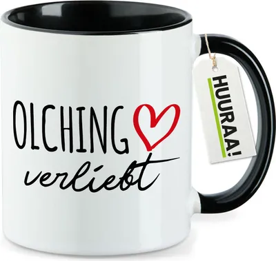 Produktbild von Huuraa Kaffeetasse Olching verliebt 330ml Schwarz Keramik Kaffeebecher Geschenkidee