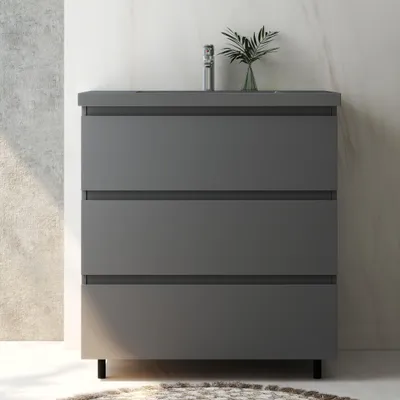 Produktbild von Badmöbel Set 80 cm Alast Dunklegrau Waschbecken Dunklegrau mit Unterschrank Hängeschrank mit Schrankfüße Softclose