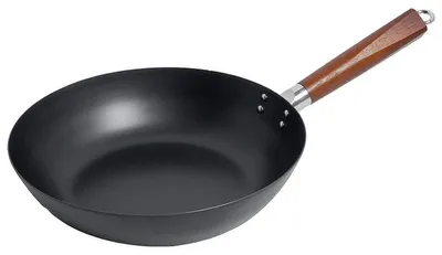 Produktbild von Wok Pfanne 30 cm Ø Kohlenstoffstahl flacher Boden Eingebrannt für alle Herdarten mit Holzgriff und Öse, AAF Nommel®