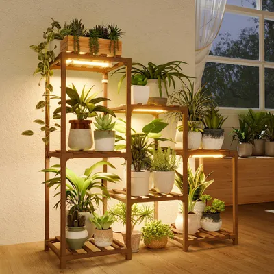 Produktbild von Bamworld Pflanzenständer mit Pflanzenlampe 3-stufiger Pflanzenständer mit Pflanzenlampe, für Wohnzimmer, Terrasse, Boho-Deko, Warmlicht, Braun