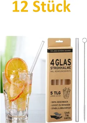 Produktbild von 12er Set Glas Strohhalm 20cm Inkl. 3 Reinigungsbürste | Wiederverwendbare Trinkhalme | Umweltfreundliche Trinkröhrchen Cocktailhalm
