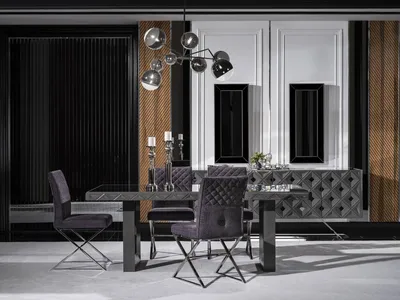 Image de Ensemble de salle à manger omprenant une table, 4 chaises et un buffet, de couleur grise