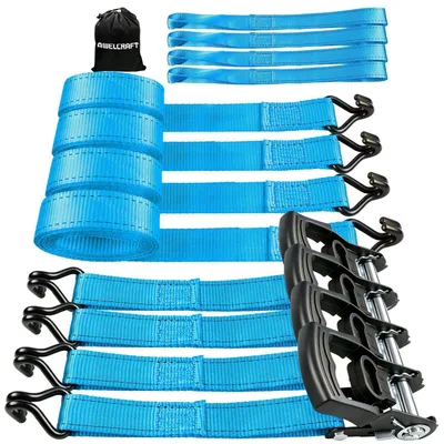 Productafbeelding van 4 ratelriemen, 1500 kg breeksterkte, 3,8 cm x 3 m, blauw, met lussen en transporttas