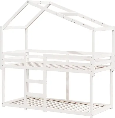 Productafbeelding van Stapelbed met dak - Bedhuisje met dak - Kinderkamer inrichten - Massief grenenhout - 90x190 cm - Wit