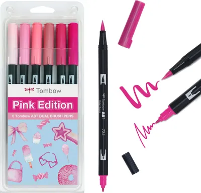 Obrázok produktu pre Tombow ABT Dual Brush Pen, ružová edícia, pero s dvoma hrotmi, ideálne na ručné písanie a bullet journaling, vodové, sada 6 ks