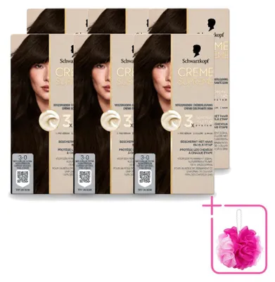Zdjęcie produktu dla 6 sztuk farby do włosów Schwarzkopf Creme Supreme 3-0, naturalny, bardzo ciemny brąz, 245g, opakowanie ekonomiczne