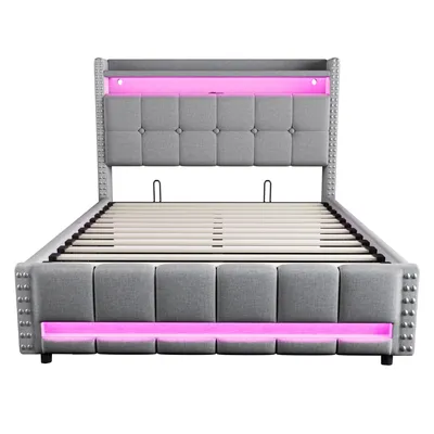 Produktbild von Flieks Polsterbett 140x200cm mit Ladefunktion (USB & Steckdose), Stauraumbett Boxspringbett mit Strauraum, Jugendbett Doppelbett mit LED, Leinen, Hell