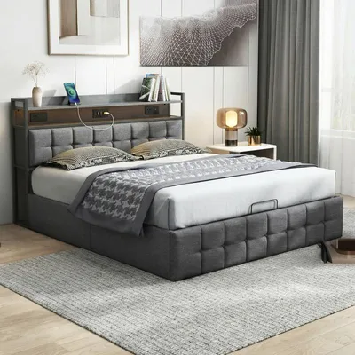 Immagine prodotto di Letto imbottito ProximaX con LED RGB 140x190 cm, letto idraulico con vano contenitore, testiera con ripiano e stazione di ricarica, porta-cavi USB e Type-C, tessuto di lino grigio, rete a doghe