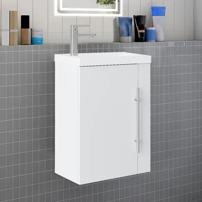 Produktbild von Badmöbel 45cm Mineralguss Waschtisch mit Unterschrank Matt Weiß Hängeschrank Badschrank Kleine Badezimmerschränke