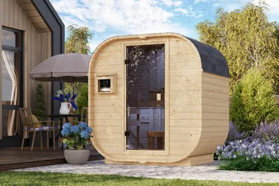 Image de Karibu Saunahaus : Sauna extérieure, sauna de jardin, sauna en fût. Modèle Quadro 0, non traité, sans accessoires. Bois massif de 38 mm, dimensions : 199 x 140 x 205 cm
