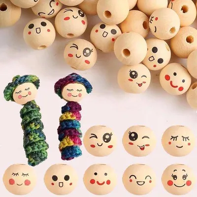 Produktbild von 104 Stück Holzperlen mit rundem Gesicht - 20 mm - bunte Schmuck Bastelperlen Holzperlen mit Gesichtchen