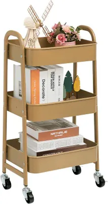 Image de Unyqoos® Chariot métallique doré – 3 niveaux, 40 x 30 x 70 cm, chariot de service et de rangement avec 4 roulettes (2 verrouillables), capacité de 15 kg par niveau