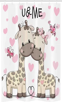 Immagine prodotto di ABAKUHAUS Tenda da doccia stretta con animali, giraffe e cuori, set decorativo per bagno in tessuto con ganci, 120 x 180 cm, bianco, grigio e rosa