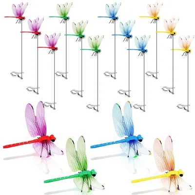 Produktbild von 12er-Set Libellen-Clips, realistische Libellen & Kolibri-Dekorationen, Kunststoff, für Gartenstecker,Innen- & Außendeko, Hüte,Tiere, zur Fliegenabwehr
