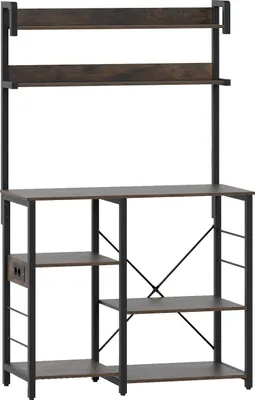 A freestanding kitchen shelf unit with multiple shelves and a metal frame.