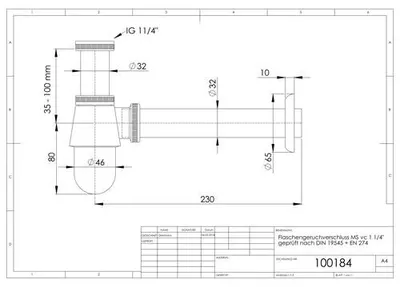 Produktbild von Flaschengeruchverschluss 11/4" x 32 mm Messing, ASW Nr. 100184 verchromt