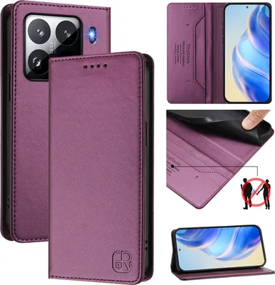 Obrázek produktu pro Kožené pouzdro pro Xiaomi 15 Pro, flipové pouzdro s přihrádkami na karty, peněženkou a stojánkem Fialová