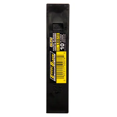A black plastic case containing OLFA Excel Black LBB-10 18mm blades.