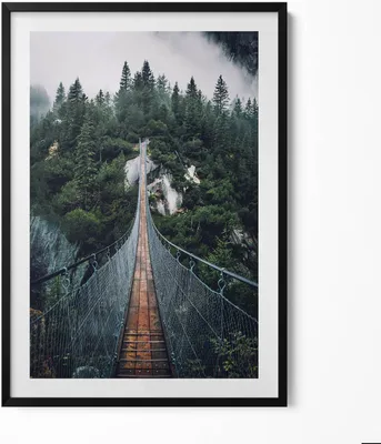 Produktbild von Hängebrücke über einen Wald– Wandbild mit Rahmen – Gerahmtes Bild  – Wanddekoration – 70x100 cm –  Schwarz Rahmen