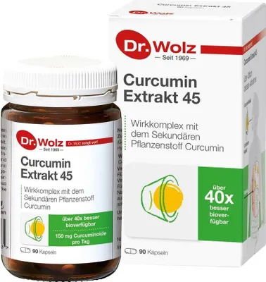 A product shot of a bottle of Dr. Wolz Curcumin Extrakt 45 capsules next to its packaging.