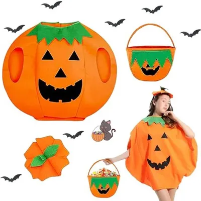 Productafbeelding van Pompoenkostuum voor Kinderen - Halloween Kostuum met Muts en Snoepzak