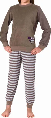 Produktbild von Kuscheliger Mädchen langarm Frottee Schlafanzug Pyjama mit Bündchen und süssen Tiermotiv ; grau , 128