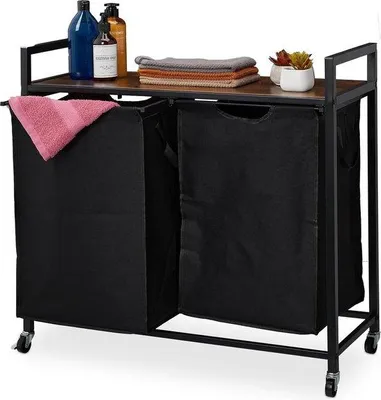Produktbild von Famanu Wäschekorb mit 2 Ausziehbaren Taschen - Rollbare Wäschebox und Wäschesortierer - Industrielles Design Schwarz Braun