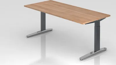 Produktbild von Schreibtisch Mika | Nussbaum | Graues Gestell poliert | BxT 180x80cm | Arbeitshöhe 65-85cm | höhenjustierbar, 1cm Raster | C-Fuß-Gestell | Rechteckform