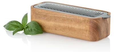 Immagine prodotto di Grattugia da tavolo AdHoc Cut'nServe, con contenitore, dotata di grattugia originale AdHoc PreciseGrate, in acciaio inossidabile, nera/legno di acacia, lunghezza: 18 cm, larghezza: 6,8 cm, altezza: 5 cm