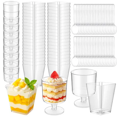 50 Dessertbecher 150 ml mit Löffeln, quadratisch & rund, wiederverwendbar