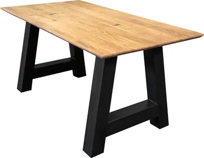 Produktbild von Esstisch 140x80 cm Amalie, Akazienholz massiv + naturfarben, Esszimmertisch mit Schweizer Kante, A-Metallgestell Schwarz, massiver Holztisch, Tischplatte 26mm