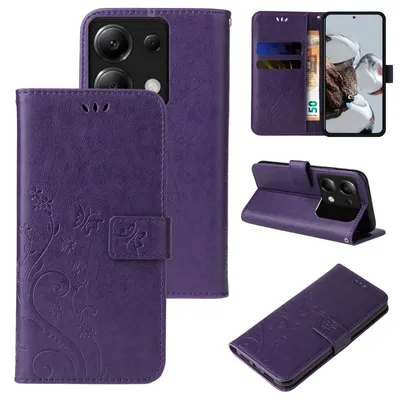 Produktbild von Handyhülle für Xiaomi Redmi Note 13 Pro 5G Floral Blumen Schmetterling Flip Cover Hülle Case Klapphülle Handytasche Farbe: Violett