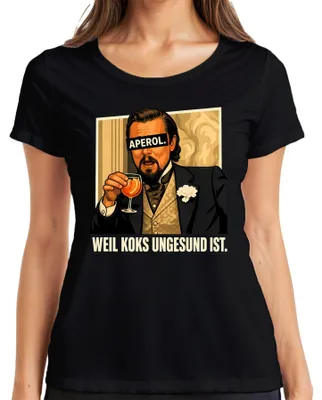 Immagine prodotto di Maglietta da donna, colore nero, taglia 3XL, con scritta "Aperol, Weil, Koks, Ungesund Ist Lustig Spritz"