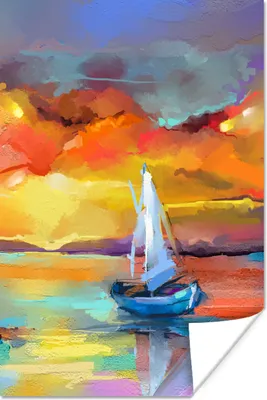 Produktbild von MuchoWow® Poster Malerei - Ölfarbe - Boot - Farben 80x120 cm - Papierdruck