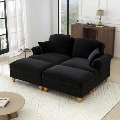 Obrázek produktu pro okwish Dvoumístná pohovka L-tvar / chaiselongue s trychtýřovými područkami a vřetenovými nohami, relaxační pohovka / chaiselongue s pohyblivým taburetem, černá