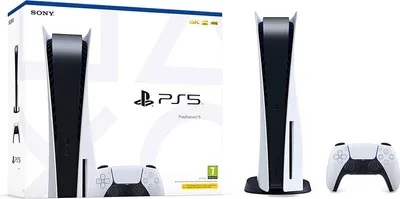 A product shot of a Sony Playstation 5 console and controller, with its packaging in the background.