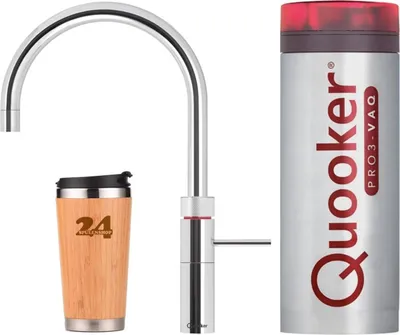 A Quooker tap, a thermal cup, and a Quooker PRO3-VAQ unit are displayed against a white background.