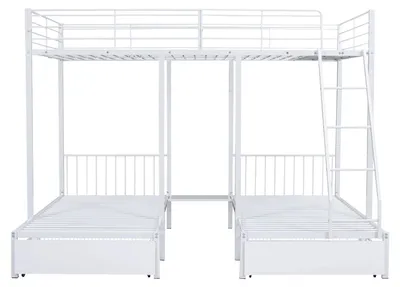 Image de Structure de lit en métal avec tiroirs - Lit superposé convertible - Lit double 140 x 200 cm - Deux lits simples 90 x 200 cm - Espace de rangement - Blanc