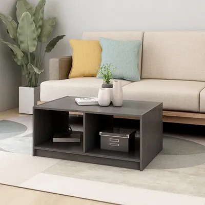 A living room scene with a couch and a coffee table.