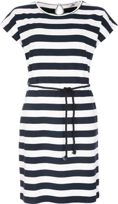 Produktbild von modAS Damen Kleid Kurzarm mit Blockstreifen - Streifenkleid mit Kordelband in der Taille in Blau-Weiß Größe M