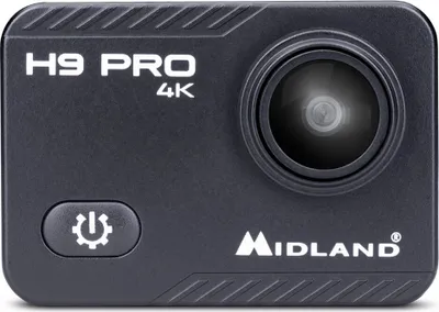 A black Midland H9 Pro action camera is shown from the front on a white background.