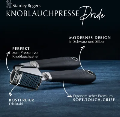 Produktbild von Stanley Rogers Knoblauchpresse 19 cm, Küchenhelfer mit ergonomischen Premium-Softtouch-Griff, Knoblauchschneider mit Funktionsteil aus Edelstahl (Farbe: Silber/Schwarz)