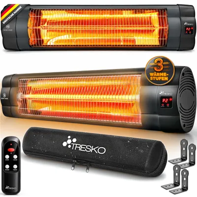 Productafbeelding van TRESKO® Infrarot Heizstrahler 2500W mit Fernbedienung | Wärmestrahler Terrasse Outdoor elektrisch mit 3 Heizstufen | Terrassenstrahler Innen & Außen | Wand-Infrarotstrahler mit LED-Anzeige | Quarzstrahler für Balkon draußen