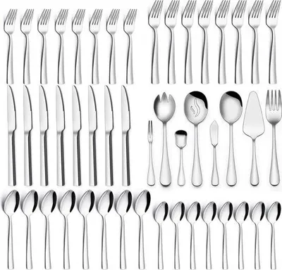 Produktbild von Besteck-Set für 12 Personen, 68-teiliges Edelstahl-Besteck-Set mit Servierbesteck, Besteck-Set mit Messer-Gabel-Löffel, hochwertiges Edelstahl-Besteck, hochglanzpoliert & spülmaschinenfest