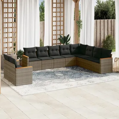 Produktbild von Design 10-tlg. Garten-Sofagarnitur mit Kissen Grau Poly Rattan, Gartenmöbel-Sets 2024 Neu
