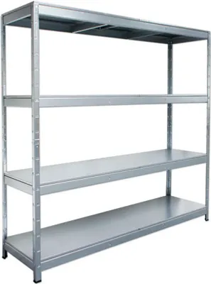 A silver metal shelving unit with four shelves against a white background.