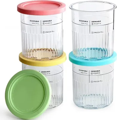 Four clear ice cream containers with colored lids are stacked and arranged on a white background.