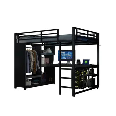 Produktbild von 140x200 Metall-Gaming-Hochbett mit LED, Schreibtisch, offenem Kleiderschrank und Ablagefächern, Schwarz
